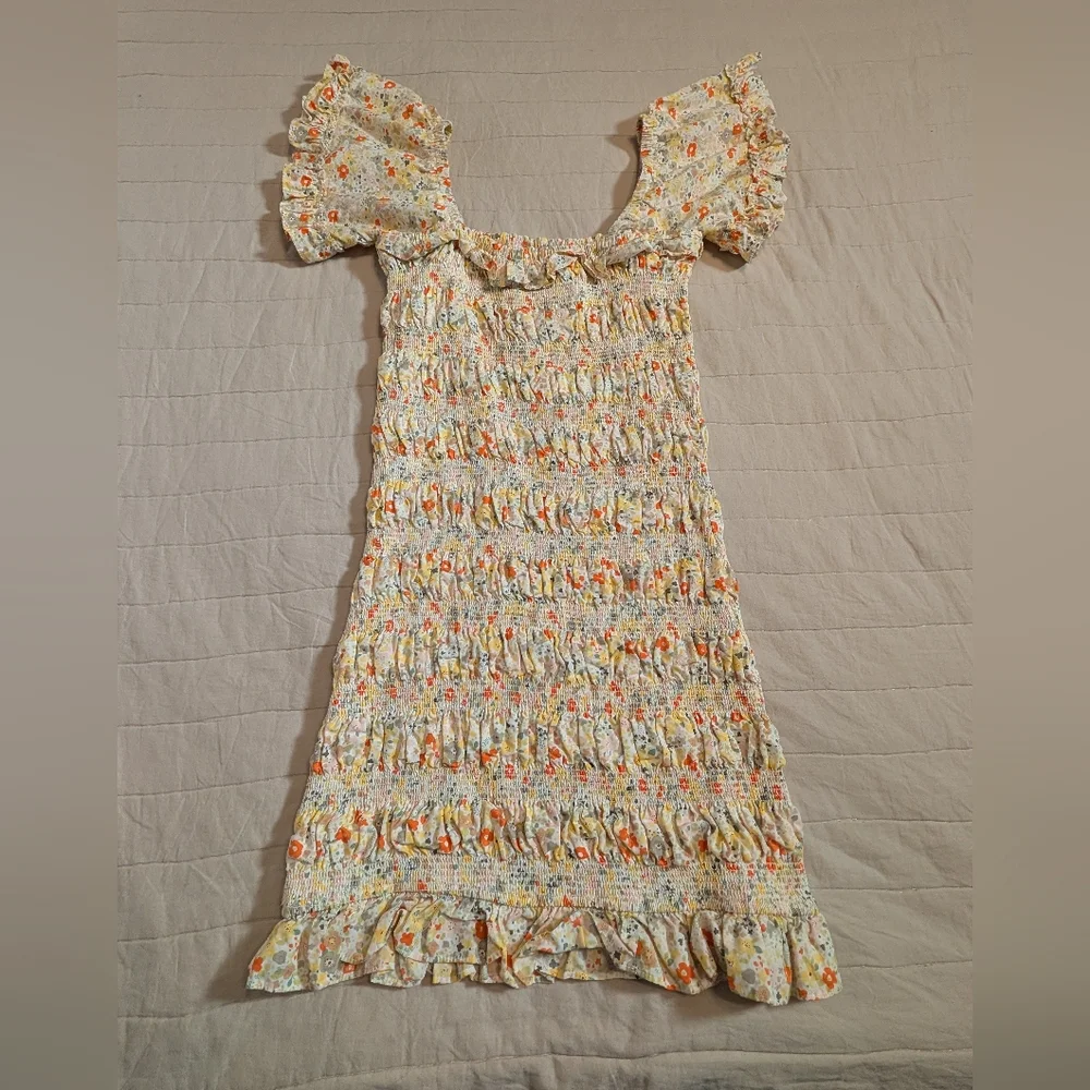 Storia Yellow Floral Smocked Mini Dress with Orange Accents, Women's Size Medium - Picture 10 of 10